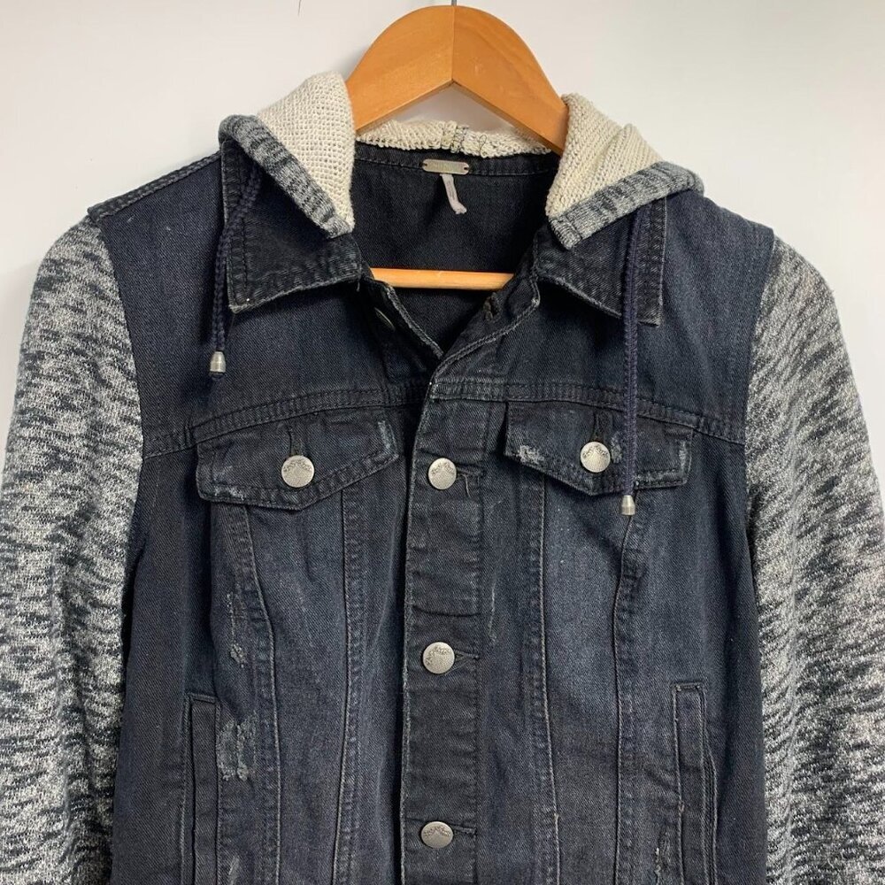 Free People Women's Distressed Denim Hooded Long Sleeve Knit Jacket Size XS - Picture 5 of 15